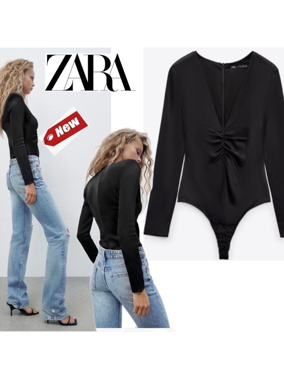Zara black ruched satin effect long sleeve V-neck bodysuit Sz S NWT
